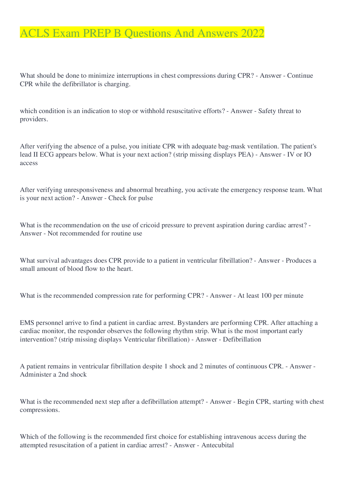 Preview image for ACLS Exam PREP B Questions And Answers 2022